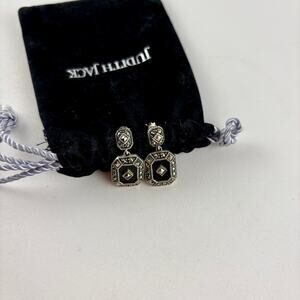 Judith Jack Marcasite Sterling Drop Dangle Earrings Black Art Deco Geometric